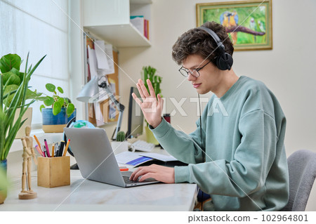 Teenage male student having video conference, talking looking at webcam on laptop Teenage male student having video conference, talking looking at webcam on laptop 102964801