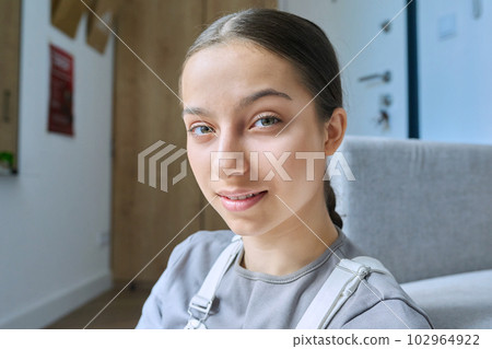 Close up portrait, face of teenage girl, at home 102964922