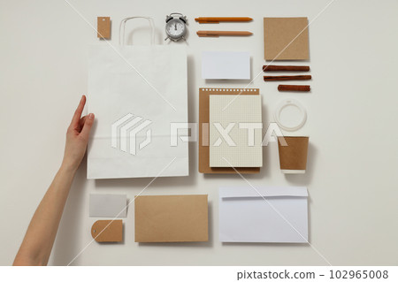Mockup flat lay with different office accessories on white background 102965008