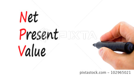 NPV net present value symbol. Concept words NPV net present value on white paper on a beautiful white background. Businessman hand. Business and NPV net present value concept. Copy space. 102965021
