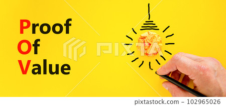 POV Proof of value symbol. Concept words POV Proof of value on beautiful yellow paper. Light bulb icon. Beautiful yellow table yellow background. Business and POV Proof of value concept. Copy space. POV Proof of value symbol. Concept words POV Proof of value on beautiful yellow paper. Light bulb icon. Beautiful yellow table yellow background. Business and POV Proof of value concept. Copy space. 102965026