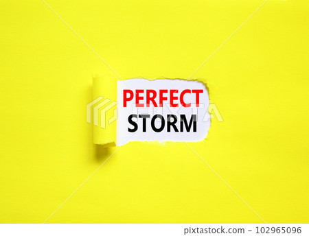 Perfect storm symbol. Concept words Perfect storm on beautiful white paper. Beautiful yellow table yellow background. Business and Perfect storm concept. Copy space. 102965096