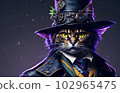 A colorful portrait of a steampunk cat on black background. Generative AI 102965475