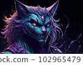 A colorful abstract portrait Cheshire Cat on black background. Generative AI 102965479