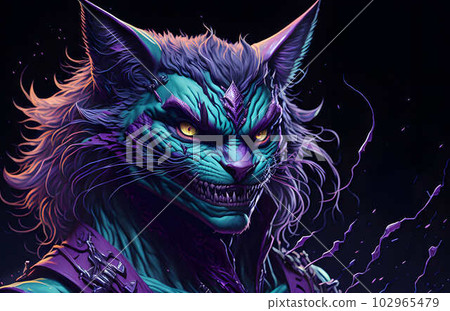 A colorful abstract portrait Cheshire Cat on black background. Generative AI 102965479