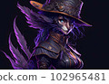 A colorful portrait of a steampunk cat on black background. Generative AI. 102965481