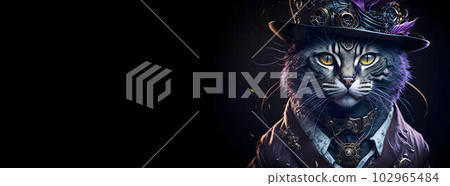 A colorful portrait of a steampunk cat on black background. Generative AI A colorful portrait of a steampunk cat on black background. Generative AI 102965484