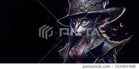 A colorful portrait of a steampunk cat on black background. Generative AI. A colorful portrait of a steampunk cat on black background. Generative AI. 102965486