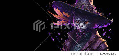 A colorful abstract portrait Puss in Boots on black background. Generative AI A colorful abstract portrait Puss in Boots on black background. Generative AI 102965489