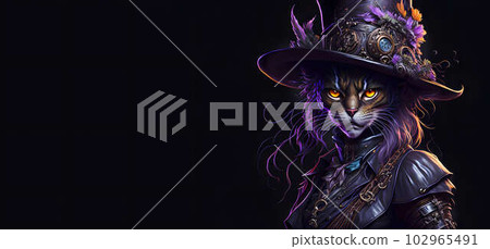 A colorful portrait of a steampunk cat on black background. Generative AI. A colorful portrait of a steampunk cat on black background. Generative AI. 102965491