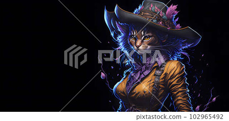 A colorful portrait of a steampunk cat on black background. Generative AI. 102965492