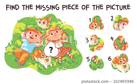 Matching game. Find the missing piece of the picture. Children and their pets lying on the grass 102965996