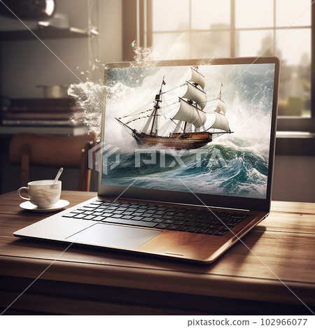 Beautiful sailboat and seawater protrude from laptop screen, transition of virtual reality to real one, life from Internet, Beautiful sailboat and seawater protrude from laptop screen, transition of virtual reality to real one, life from Internet, 102966077