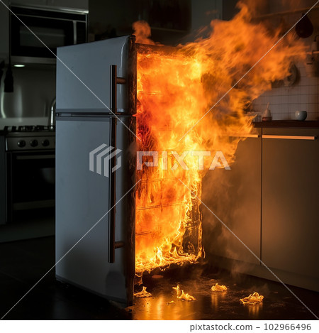 Bright flame of fire from an open refrigerator, fire in kitchen, refrigerator burns, close-up, danger 102966496