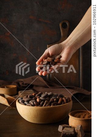 Concept of fresh and aromatic food - cacao beans 102966911