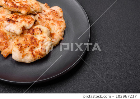 Delicious fried chicken meat chops with spices, salt and herbs 102967237
