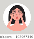 Facial pain. Young women suffering from a migraine. Female with health problem. Nose pain and painful eyes symptom of sinusitis or different disease. Flat vector medical illustration 102967340