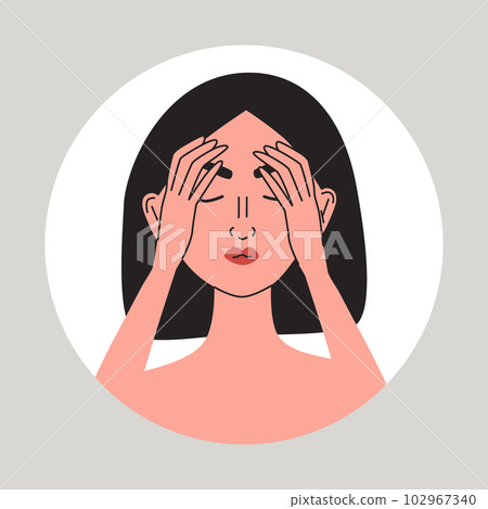 Facial pain. Young women suffering from a migraine. Female with health problem. Nose pain and painful eyes symptom of sinusitis or different disease. Flat vector medical illustration 102967340