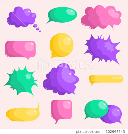 Set with colorful cartoon speech bubble icons, isolated on a beige background. Emty text cloud for social media, comments or dialoges. Thought balloon illustration 102967343