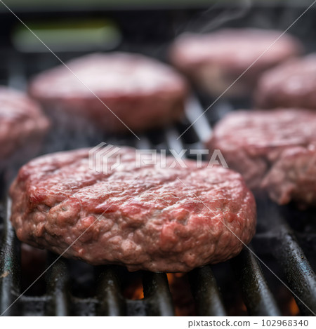 Delicious hamburger patty on grill Delicious hamburger patty on grill 102968340