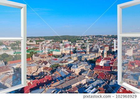 Panoramic window with view of city buildings. Opened window to cityscape Panoramic window with view of city buildings. Opened window to cityscape 102968929