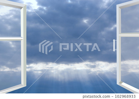 Window of room overlooking blue sky with white clouds. Heavenly landscape Window of room overlooking blue sky with white clouds. Heavenly landscape 102968933
