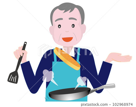 一位老人正在用煎鍋做飯。 102968974