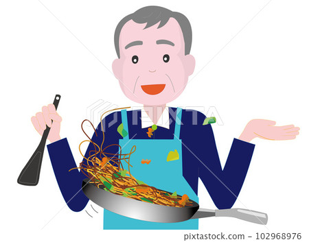 一位老人正在用煎鍋做飯。 一位老人正在用煎鍋做飯。 102968976