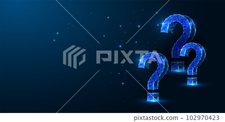 Abstract futuristic dark blue background banner with question marks in glowing low polygonal style. Abstract futuristic dark blue background banner with question marks in glowing low polygonal style. 102970423