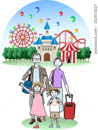 一對老年夫婦和他們的孫子們一起參觀遊樂園或主題公園 102971027