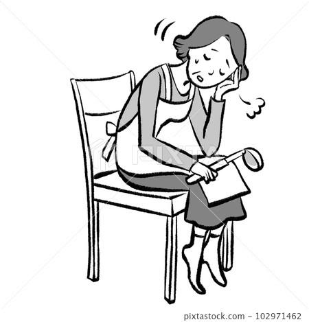 A hand-drawn monochrome illustration of a grandmother who is tired of housework and sits down on a chair 102971462
