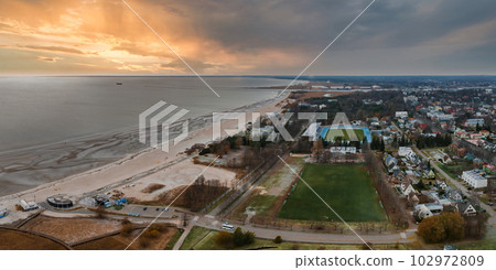 Aerial view of the beautiful seaside city of Parnu. Estonian coastal resort town. 102972809