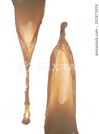 Milk Tea fall pouring down in Shape form line. Milk Ice coffee splash spill into drop, chocolate cocoa attack fluttering explosion in air. White background isolated, stop motion freeze shot. Milk Tea fall pouring down in Shape form line. Milk Ice coffee splash spill into drop, chocolate cocoa attack fluttering explosion in air. White background isolated, stop motion freeze shot. 102973958