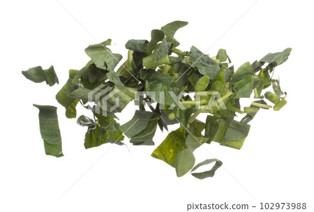Kale fly fall mid air, green fresh vegetable chinese kale cut chop slice. Organic fresh vegetable with eaten leaf of chinese kale, heap close up texture. White background isolated freeze motion Kale fly fall mid air, green fresh vegetable chinese kale cut chop slice. Organic fresh vegetable with eaten leaf of chinese kale, heap close up texture. White background isolated freeze motion 102973988
