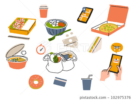 一組與送貨服務相關的食物和圖標 一組與送貨服務相關的食物和圖標 102975376
