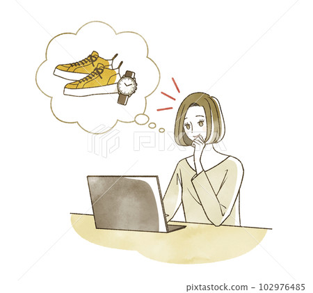 A woman looking at men's shoes and watches on her computer 102976485