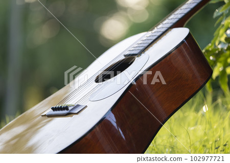 Acoustic guitar outdoors on greenery background. Concept of calm music 102977721
