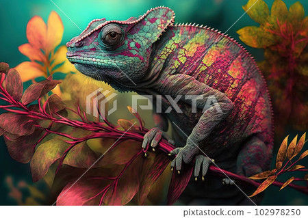 Image of brightly colored chameleons with colorful tropical flowers. Reptile. illustration. Generative AI. Image of brightly colored chameleons with colorful tropical flowers. Reptile. illustration. Generative AI. 102978250