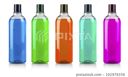Set of colored Shampoo bottle on a white background with clipping path Set of colored Shampoo bottle on a white background with clipping path 102978356