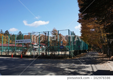 Kyu-Karuizawa tennis court with autumn leaves Kyu-Karuizawa tennis court with autumn leaves 102978386