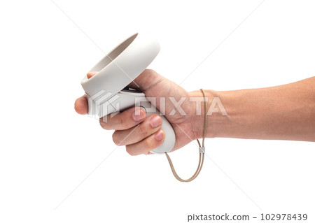 Adult Man Holding Virtual Reality Game Controller on iSolated White Background, Futuristic Game Innovation 102978439