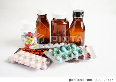 Drug capsule pill from drug prescription in drugstore, pharmacy for treatment health medicine. 102978557