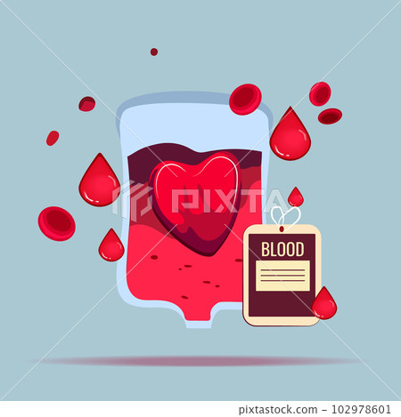 Day donation concept with bag of blood, hand and heart medical sign. Give blood save life. World blood donor day. Vector illustration 102978601