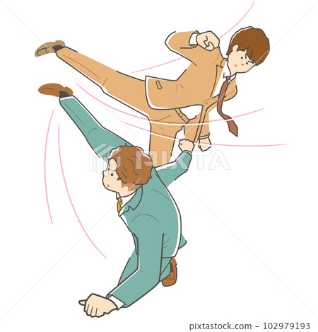 Business people (two men) kicking the whiteboard. should not be done. Business people (two men) kicking the whiteboard. should not be done. 102979193