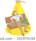 A business person (female) looking up at the sky on a bench. A streetlight is a spotlight that shines on her. 102979198