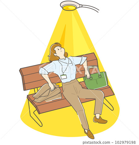 A business person (female) looking up at the sky on a bench. A streetlight is a spotlight that shines on her. 102979198