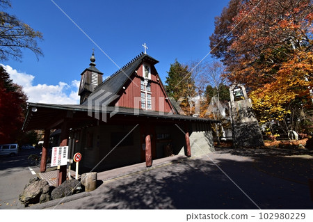 Karuizawa St. Paul's Catholic Church at the peak of autumn leaves 102980229