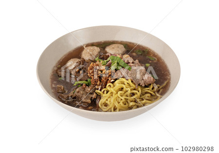 Asian yellow noodles with pork Asian yellow noodles with pork 102980298