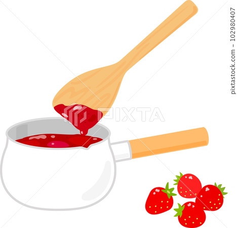 An enameled pot that is boiling strawberry jam An enameled pot that is boiling strawberry jam 102980407