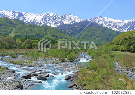信州白馬五月白馬三山與新鮮的綠色和殘雪 信州白馬五月白馬三山與新鮮的綠色和殘雪 102982522